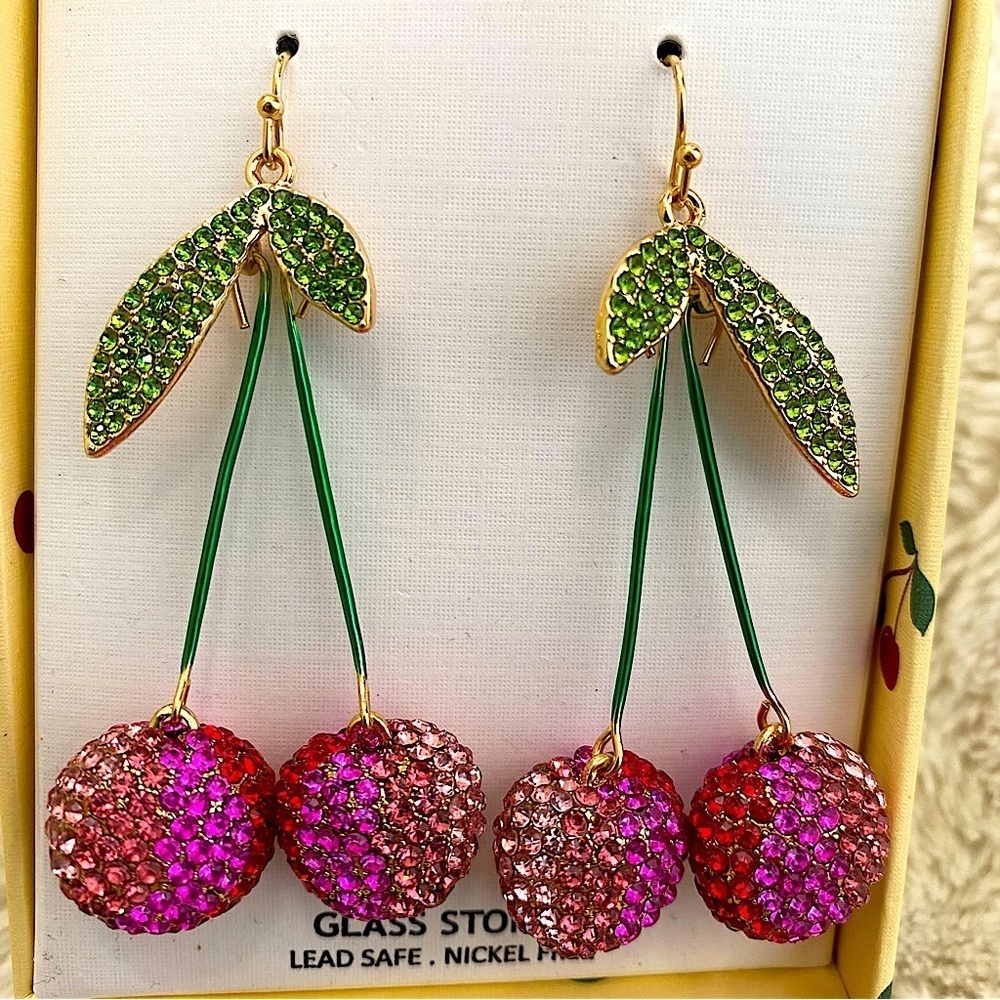 Crystal Cherry Statement Dangle Earrings Pink Gre… - image 2